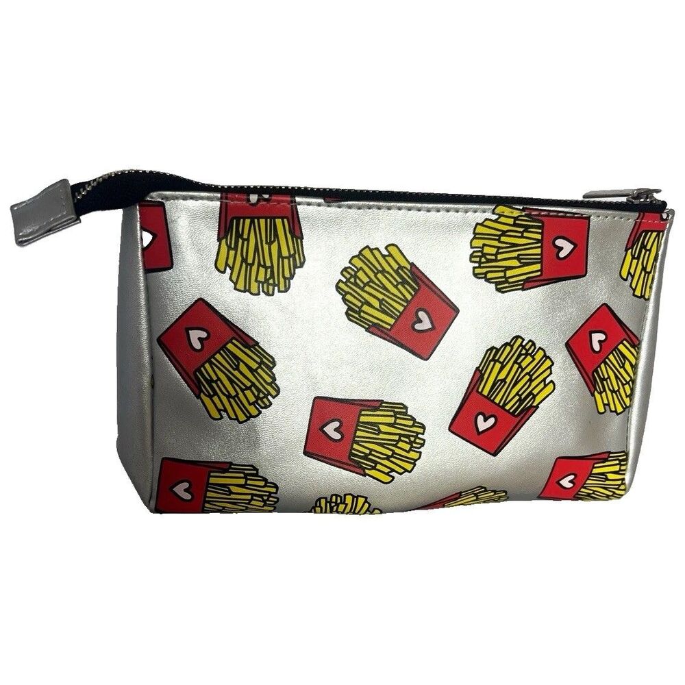 Silver Faux Leather Makeup Bag Zipper Pouch French Fries Pop Art Y2K Retro look